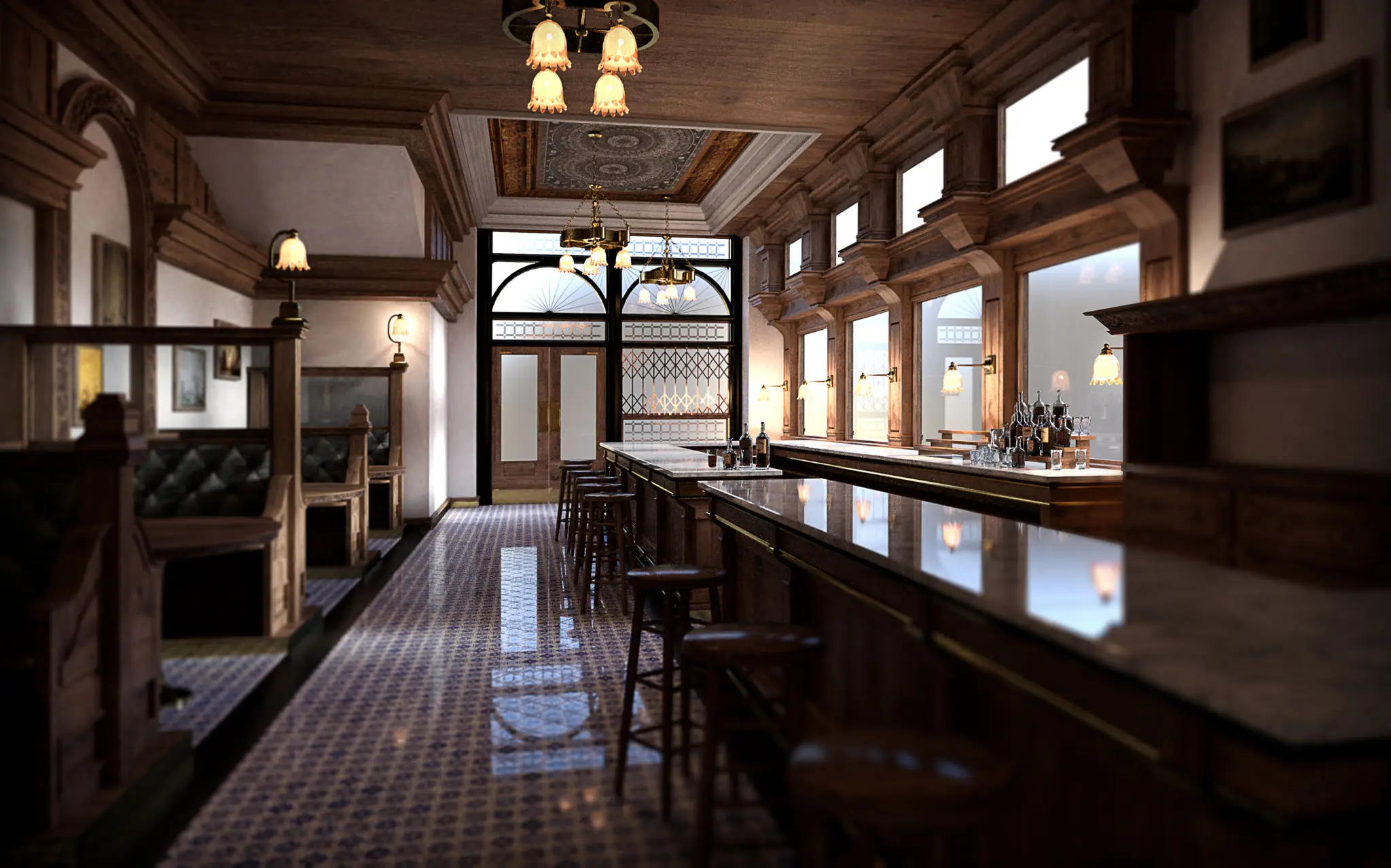 Elegant vintage bar with wooden stools and warm lighting.