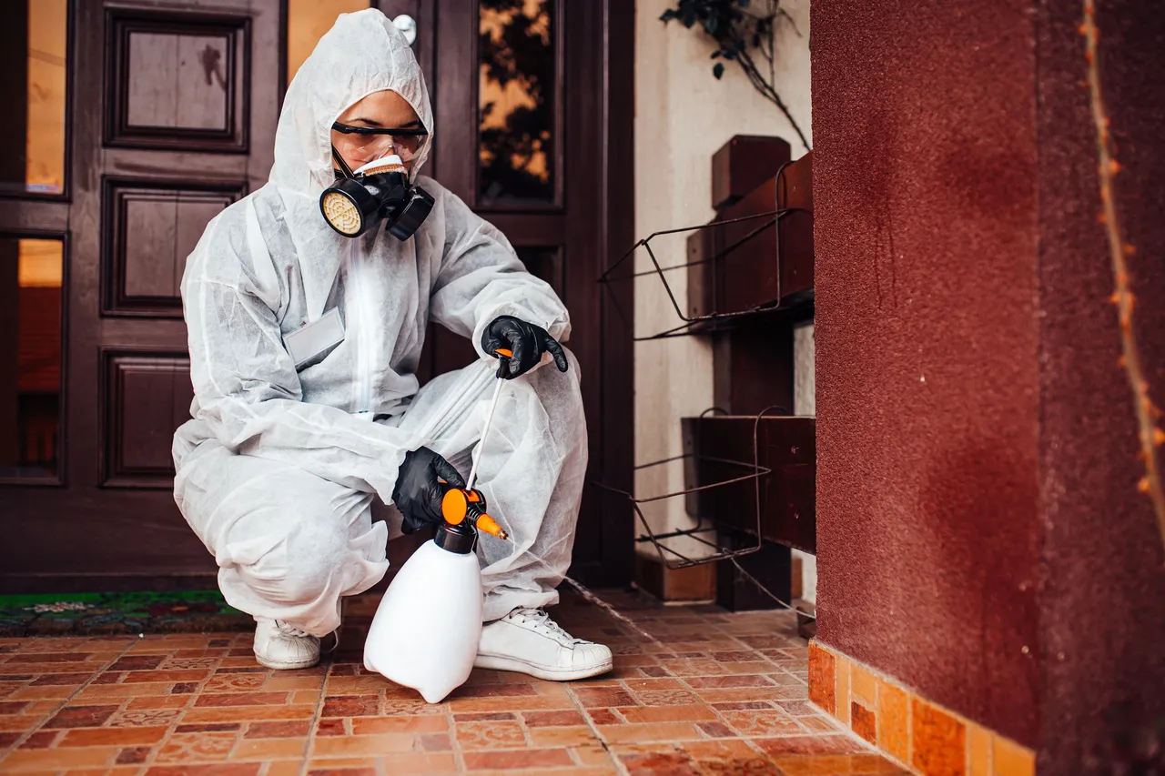 Person in protective suit disinfecting outdoor area with spray device.