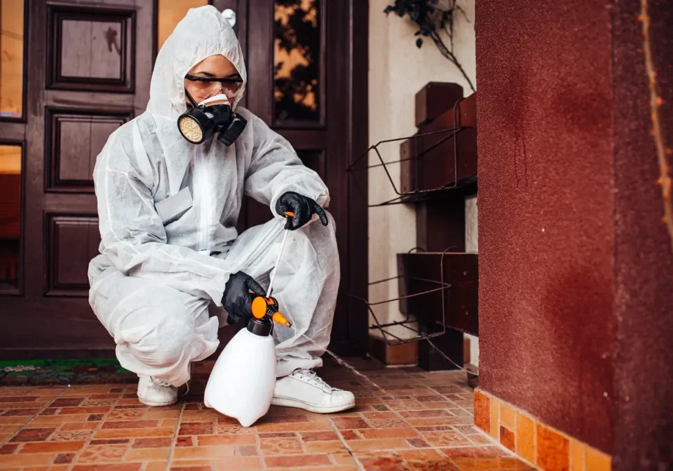 Person in protective suit disinfecting outdoor area with spray device.